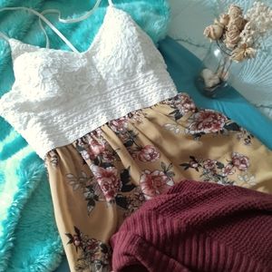 L yellow and rose lacy spaghetti strap spring maxi dress